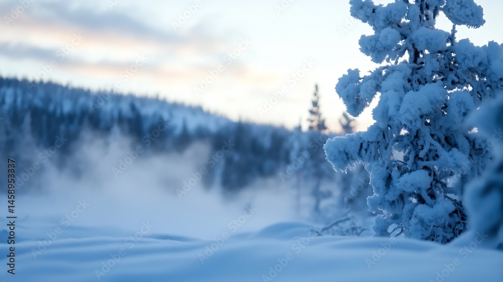 Aufkleber close-up of a snow-covered pine tree branch, winter landscape with a softly blurred background of a 