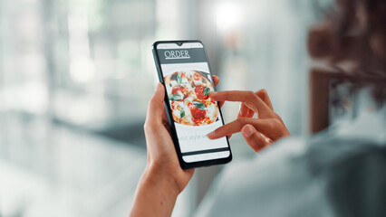Business, hands and phone screen for food delivery order with menu option, online shopping and lunch break. Woman, space and scroll with smartphone for pizza app and brunch takeout choice in office
