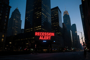 Naklejka premium A dark city skyline viewed at dusk, where building lights are shutting off