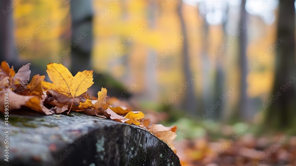Aufkleber autumnal scene featuring a vibrant yellow maple leaf resting on a moss-covered tree stump, surrounde