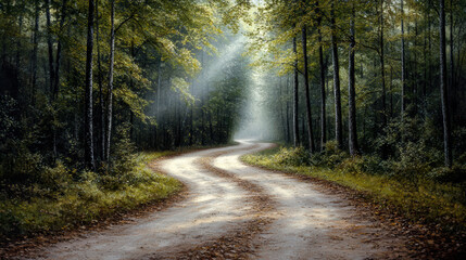 Obraz premium Winding dirt road through serene forest with soft light filtering through trees