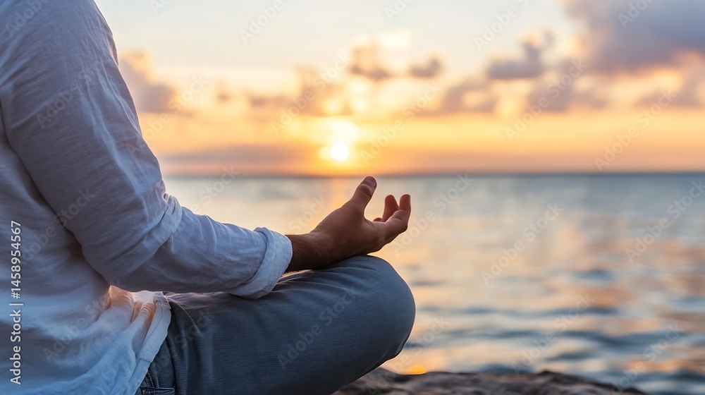 Poster man meditates in lotus position at sunset by the ocean, enjoying peaceful moment of serenity and min