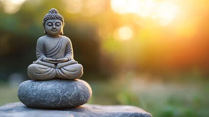 Serene Buddha statue meditates peacefully atop a grey stone, bathed in the warm glow of a sunset, creating a tranquil and spiritual scene. : Generative AI