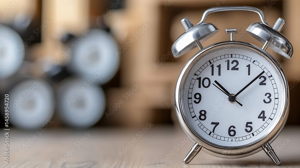 Aufkleber Close-up of a silver alarm clock showing the time, with blurred background of similar clocks suggesting a collection or a time-related concept. : Generative AI