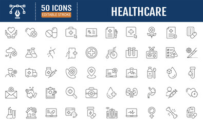 Healthcare and medicine line editable icon set. Containing medicine, health, doctor, laboratory, pharmacy, treatment and more. Vector Illustration