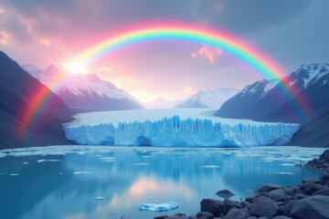 Glacier landscape. Rainbow sky. Mountain reflection. Iceberg floating. Calm water. Nature beauty. Arctic scenery. Cool temperature. Sunset light. Travel destination. Environmental protection. Outdoor