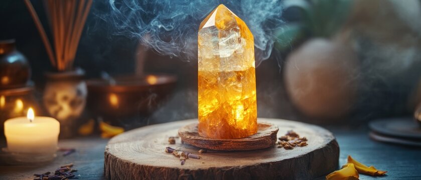 Citrine crystal with incense and candles