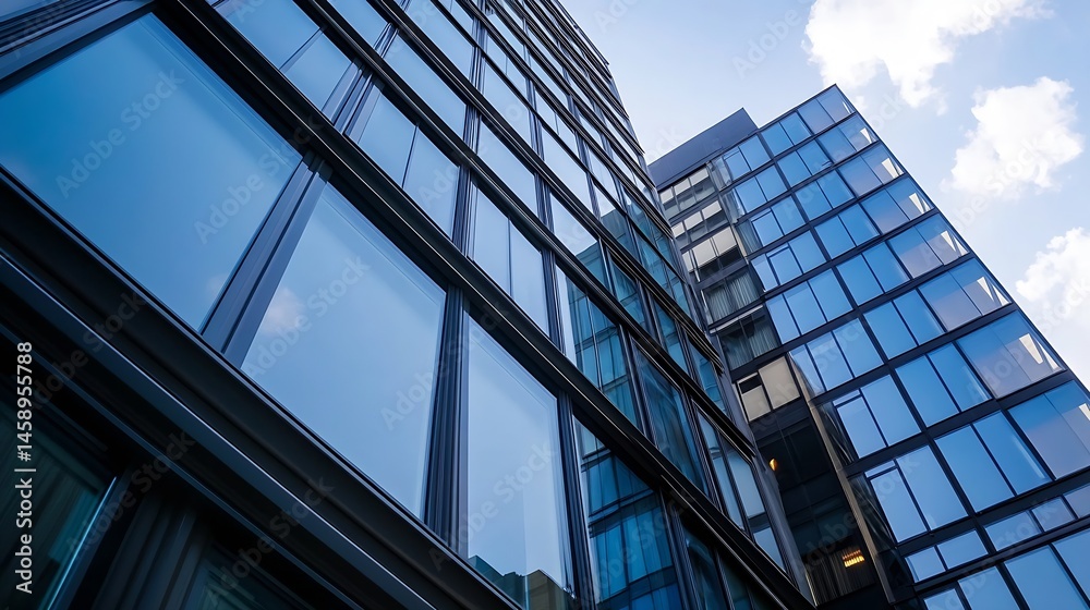 Aufkleber Modern glass skyscrapers reflecting blue sky, showcasing architectural design and urban development.  The image depicts a low-angle view of two buildings with sleek, dark frames. : Generative AI