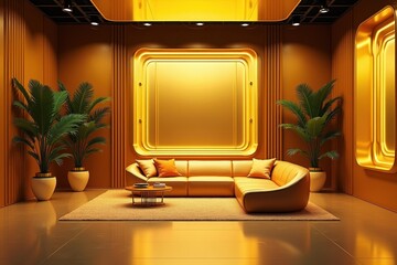 Modern interior. Cozy lounge. Golden lighting. Luxurious sofa. Tropical plants. Minimalist decoration. Contemporary design. Comfortable seating. Elegant ambiance. Stylish room. Perfect background. Ho