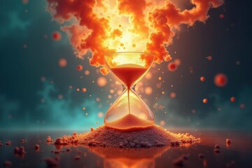 Hourglass burning. Time concepts. Sand timer. Fire smoke. Symbol urgency. Deadline pressure. Surreal art. Digital 3D. Abstract background. Creative visual. Business use. Motivation theme. Article ima