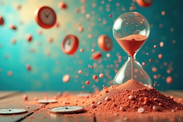 Hourglass concept. Time passing. Sand flowing. Clock elements. Blue background. Close-up shot. Symbolic image. Patience idea. Business theme. Presentation asset. Website graphic. Article illustration