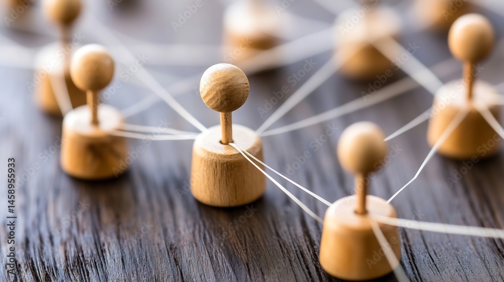 Leinwandbilder Wooden spheres interconnected by thin strings, representing a network or connection on a dark wooden surface.  A visual metaphor for teamwork, collaboration, or global communication. : Generative AI