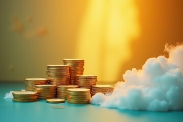 Golden coins. Pile stacked. Soft clouds. Bright warm. Finance concept. Money wealth. Investment growth. Savings planning. Business banking. Digital economy. Background asset. Website header. Article 