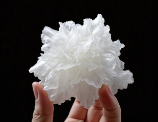 A white tremella held gently in a human hands on black background. Chinese gelatinous fungi. Tremella fuciformis. Snow fungus..	