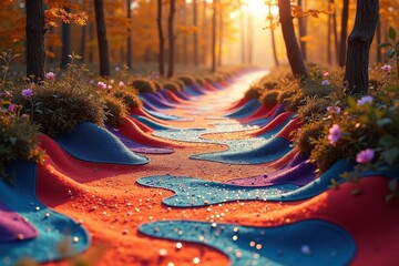Magical forest. Colorful path. Autumn leaves. Vibrant colors. Glittering stones. Winding trail. Evening light. Nature beauty. Serene atmosphere. Fantasy scene. 3D render. Digital art. Background imag