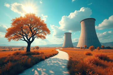 Autumn landscape. Industrial cooling-towers. Clear sky. Sunburst effect. Orange foliage. Lonely tree. Paved pathway. Rural environment. Energy production. Environmental contrast. Background image. Na