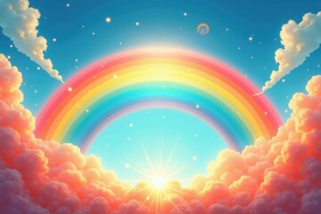 Colorful rainbow. Bright sunrise. Fluffy clouds. Blue sky. Magical atmosphere. Kids illustration. Fantasy background. Nature scene. Positive mood. Weather concept. Dreamy landscape. Children’s book. 