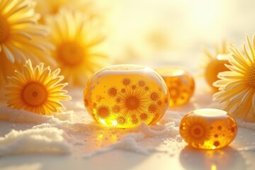 Sunlit soap. Floral bubbles. Yellow daisies. Transparent spheres. Close-up macro. Morning light. Natural composition. Decorative art. Beauty concept. Skincare theme. Wellness product. Spa accessory. 