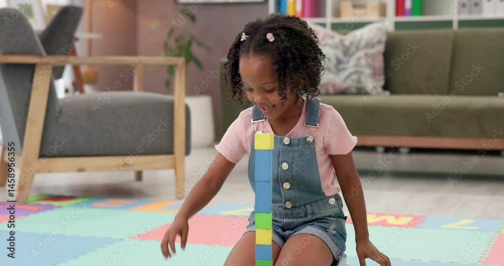Poster Building blocks, playing and kid on floor in home for cognitive development or creativity. Learning, living room and girl child with educational toys for fine motor skills or sensory in house.