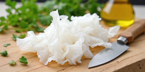 Tremella fuciformis mushroom on a wooden cutting board. Chinese gelatinous fungi. Snow fungus.	
