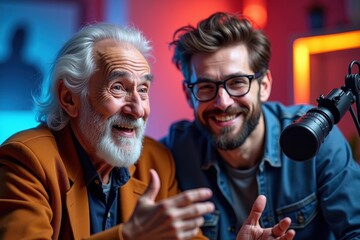 Two men. Radio studio. Smiling hosts. Elderly white. Gray beard. Casual clothes. Young adult. Glasses wearing. Podcast recording. Professional microphone. Friendly atmosphere. Broadcast media. Creati
