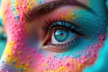 Close-up eye. Colorful powder. Vibrant face. Blue iris. Female model. Texture skin. Artistic makeup. Creative portrait. Beauty detail. Macro shot. Cosmetic art. Festival theme. Party paint. Emotion e