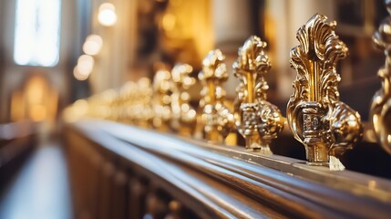 Fototapeta premium Close-up view of ornate golden details on a church pew, showcasing intricate carvings and a warm, ambient light reflecting on the polished surface. : Generative AI