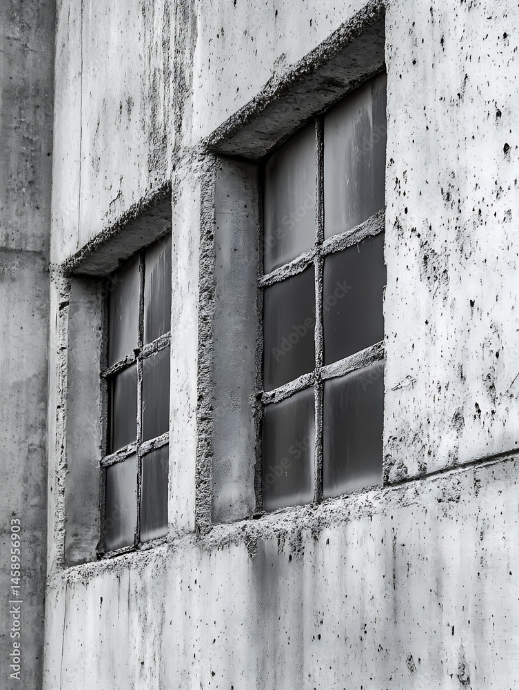 Poster two small, multi-paned windows are set into a weathered concrete wall, showing signs of age and expo