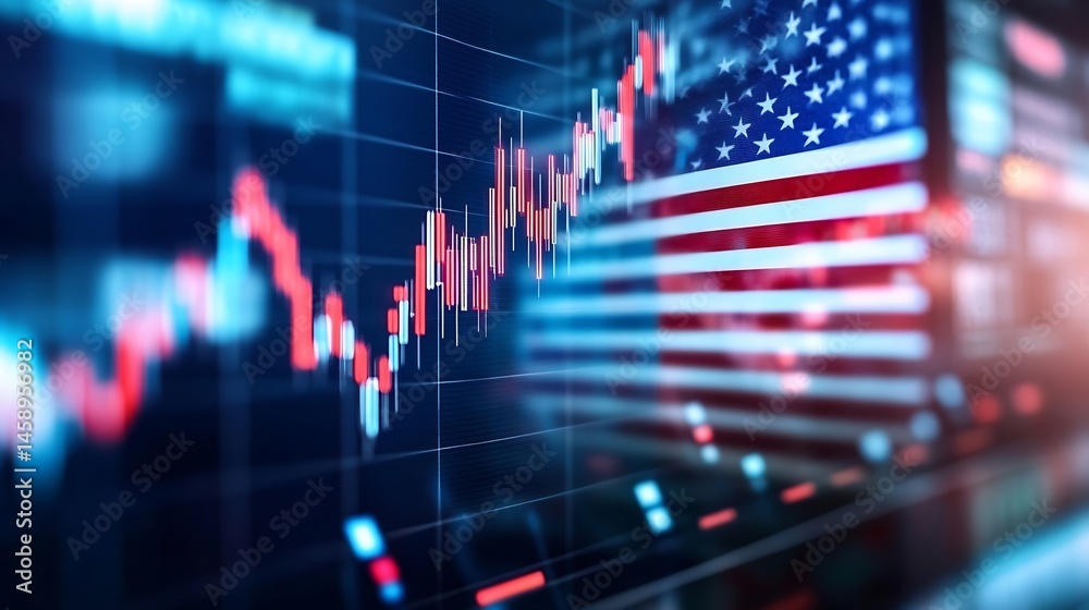 Poster us stock market data display: candlestick chart and american flag overlay, showing red and blue tona