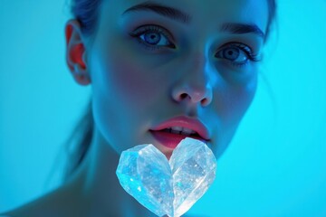 Blue lighting. Woman closeup. Crystal heart. Soft lips. Youthful skin. Emotional mood. Beauty concept. Intimate portrait. Studio shot. Cosmetic theme. Skincare ad. Jewelry focus. Valentine's symbol. 