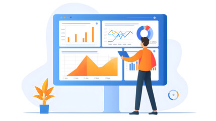 Man analyzing data charts on a large screen with a plant and a clock nearby him