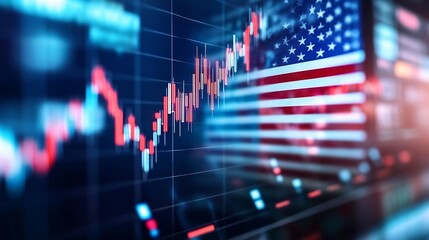 US Stock Market Data Display: Candlestick Chart and American Flag Overlay, Showing Red and Blue Tonal Shifts in Financial Indicators. : Generative AI