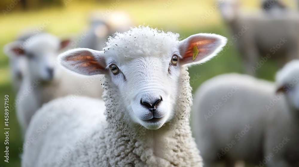 Poster Close-up portrait of a young, white sheep with fleecy wool, standing in a pasture with other sheep blurred in the background.  The sheep's expression is calm and curious. : Generative AI