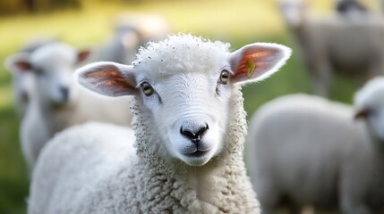 Close-up portrait of a young, white sheep with fleecy wool, standing in a pasture with other sheep blurred in the background.  The sheep's expression is calm and curious. : Generative AI