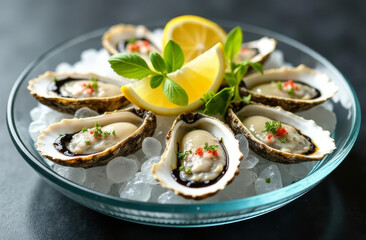 fresh oysters on a bed of ice, garnished with lemon and herbs. The clear glass plate