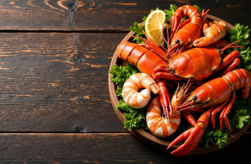 A textured wooden background showcasing a vibrant seafood platter featuring crabs, shrimp, and lobster, menu, copy space on a left side