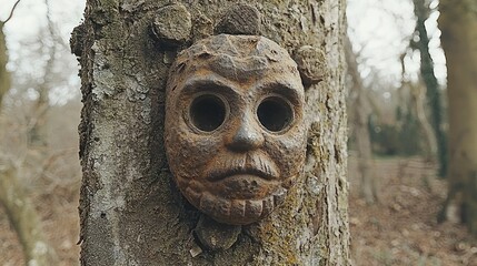 Carved face fixed onto bark of a aged tree in forest