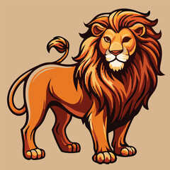 Obraz premium Majestic lion stands with powerful gaze and flowing mane against a light brown backdrop