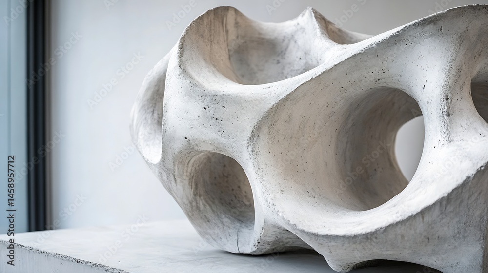 Poster abstract white concrete sculpture with organic, flowing forms and interconnected cavities, resting o