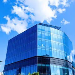 Modern Glass Office Building Reflecting Blue Sky and Clouds A Stunning Architectural Design