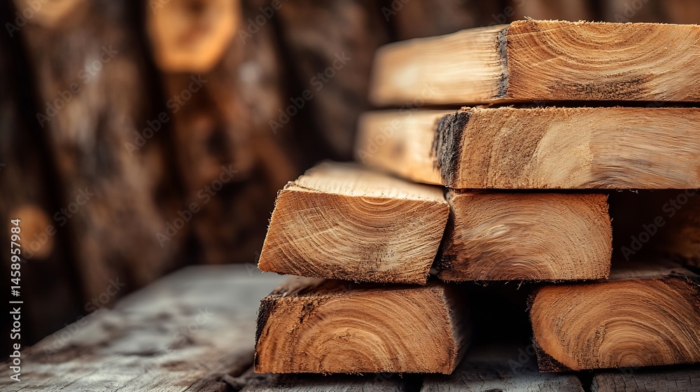 Poster close-up view of a stack of neatly arranged, light brown wooden planks, showcasing the wood's natura