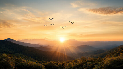 Fototapeta premium Breathtaking sunset over mountain hills with birds soaring in sky, creating serene atmosphere