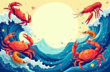 Obraz premium colorful backdrop featuring with crabs and shrimp amidst abstract waves, copy space