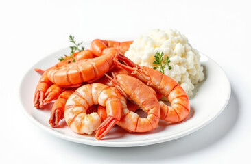 A clean white background with a minimalist display of seafood, including shrimp and crab, rice