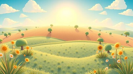 Obraz premium sunrise over rolling hills and trees, soft countryside morning light