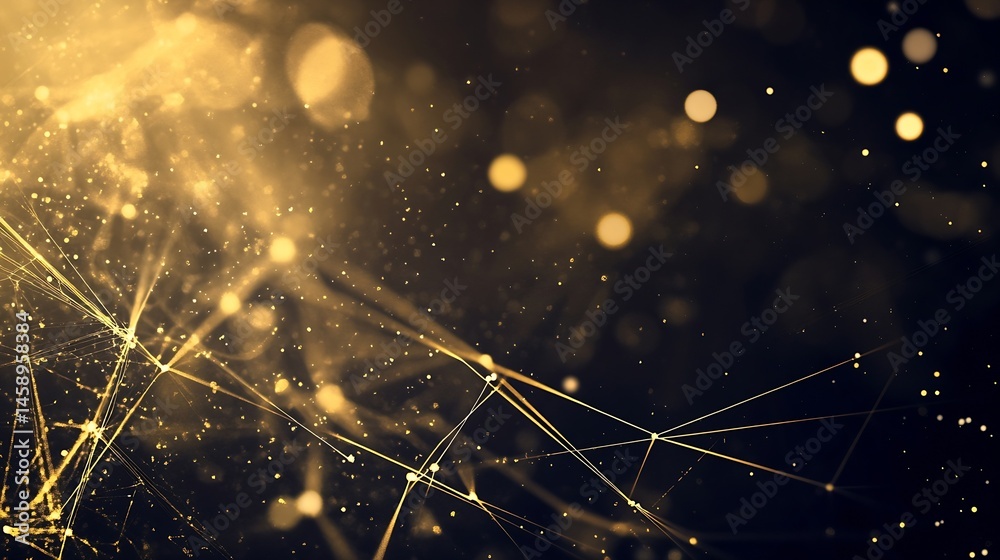 Fototapete abstract gold network lines and bokeh lights on a dark background, ideal for luxury, technology, or 
