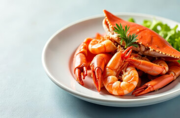 A clean and bright background featuring a close-up of a seafood platter with fresh crab and shrimp, garnished with herbs, copy space