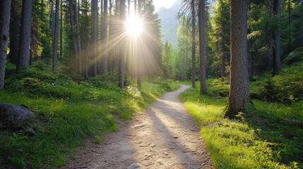 Obraz premium Sunlight filtering through trees along forest trail creates serene atmosphere