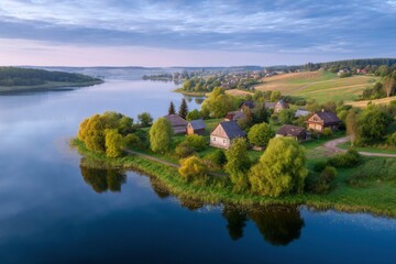 Lake Village Landscape Aerial View with Houses and Trees