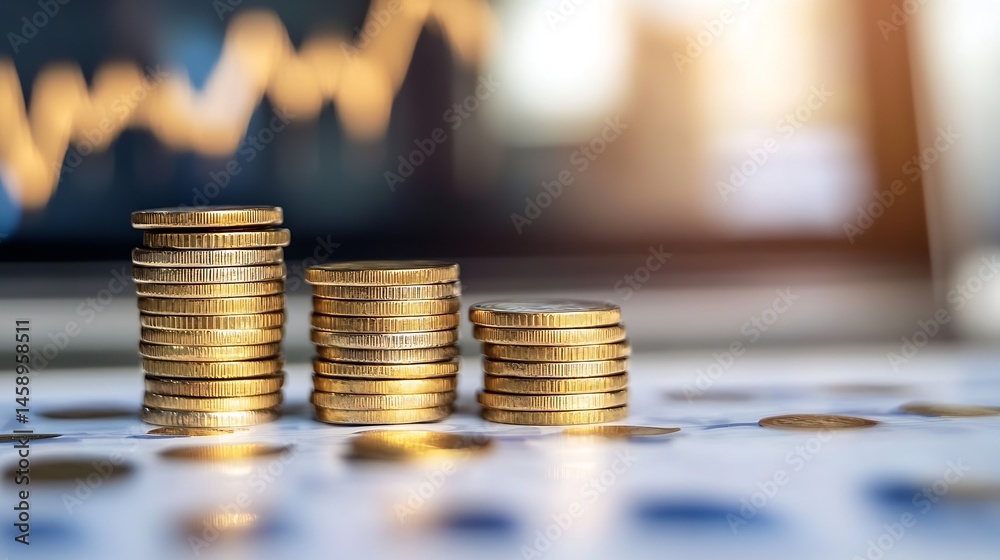 Poster three stacks of gold coins ascending in size, set against a blurred background of a rising stock mar